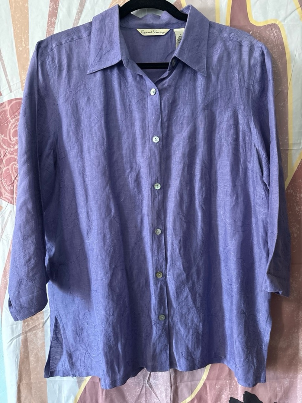 French Laundry Lavender Button-Front Linen/Silk blouse embroidery over all.